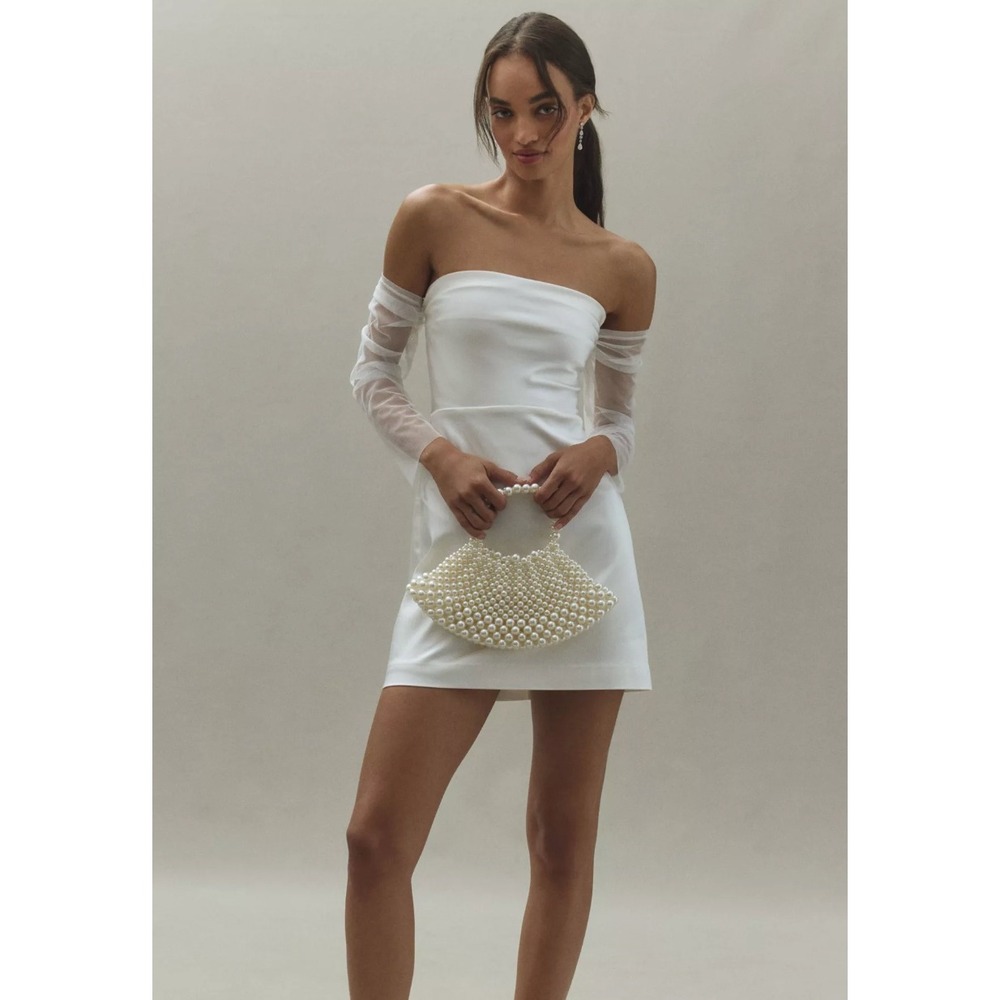 NEW $198 BHLD Mini Dress XS  Ivory Sheer Mesh Long Sleeve Satin Neck
